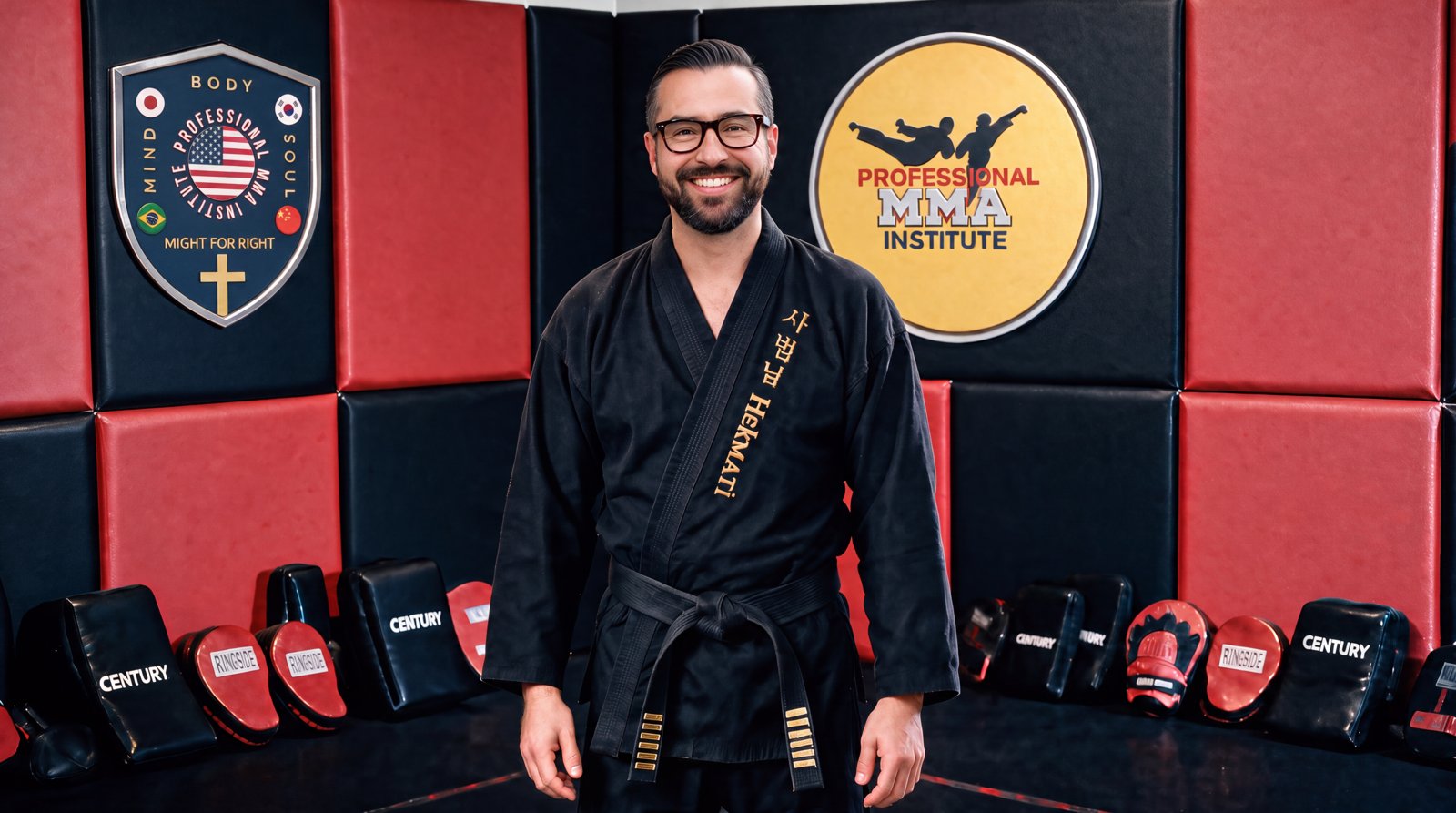 Head Instructor John Hekmati, 6th Dan, standing in the Professional MMA Institute studio between the house crest and institute logo